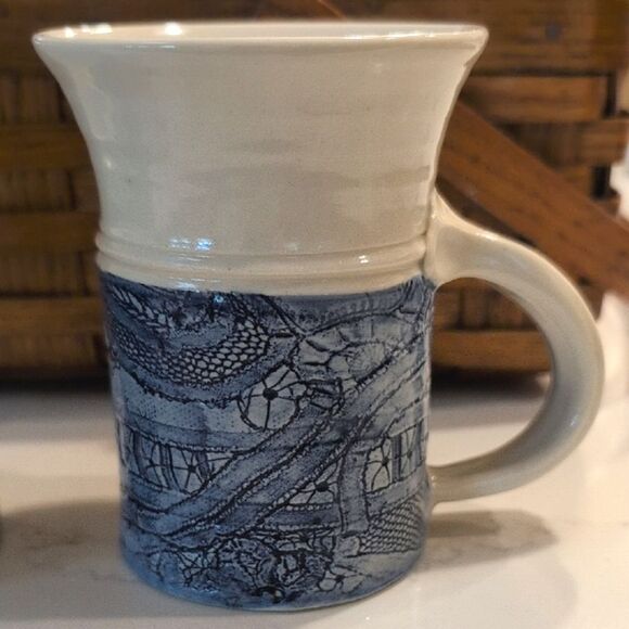 Hand Crafted Blue and Cream Art Pottery Coffee Cups Vintage Tea Mugs Set of 2 - Picture 3 of 12